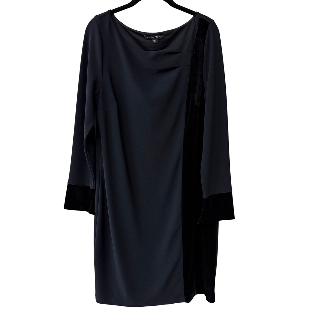 Boston Proper Womens Velvet Trim Shift Dress LBD Size Medium Black Long Sleeve